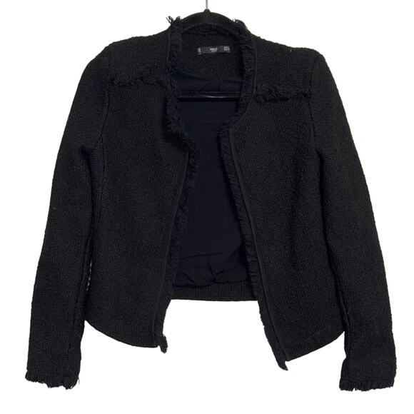 Mango Open Front Fringe Trim Cropped Blazer Jacket Black Size XS - Picture 1 of 5